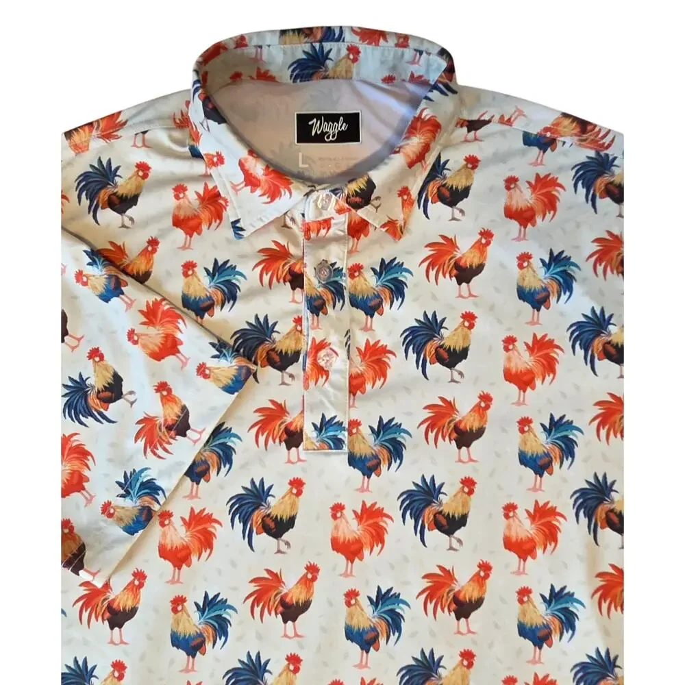 Waggle Rooster Print Golf Polo Shirt Sz L Performance Stretch Vacation - Picture 8 of 8